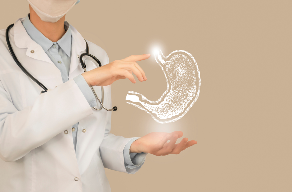A physician pointing to a medical illustration of a stomach
